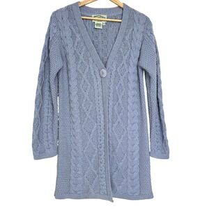 Aran Crafts Ireland Merino Wool One Button Long Cardigan Blue XS